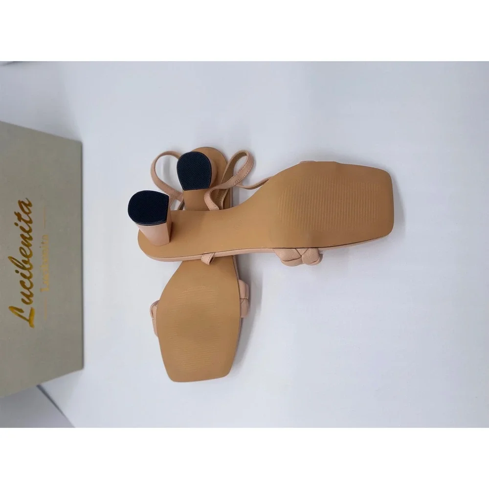 Lucibenita Nude Braided Square Toe Block Heel Sandals Ankle Strap Size 9.5 NEW